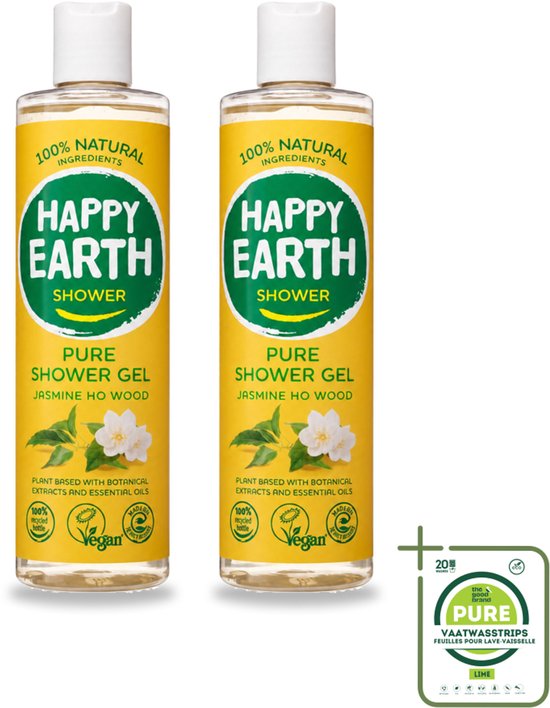 Twee flessen Happy Earth douchegel Jasmine Ho Wood met een pakje Pure vaatwasstrips met limoengeur.
