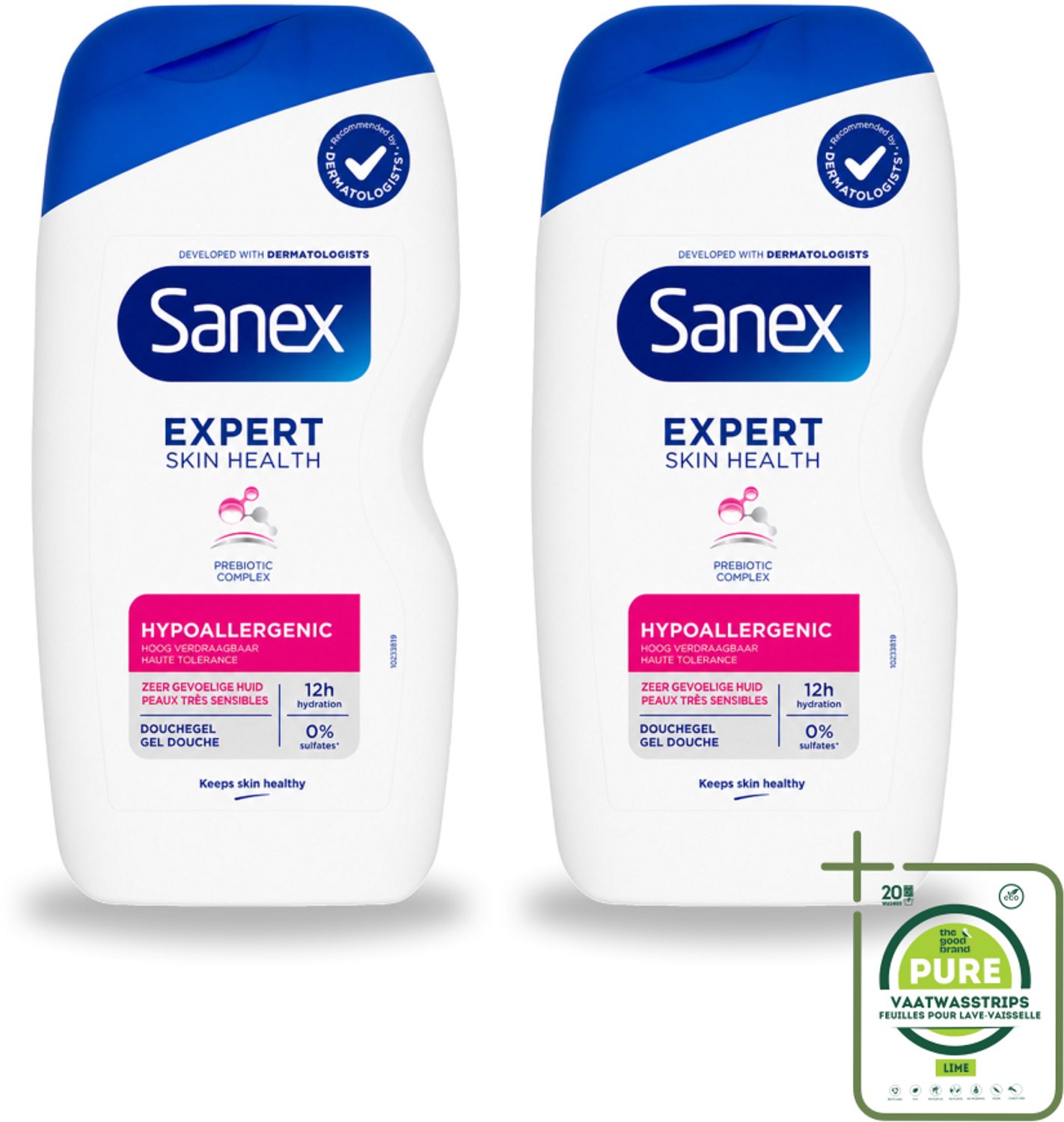 2 x Sanex – Douchegel – Expert Skin Health Hypoallergeen – 400 ml - Grootverpakking - Vaatwasstrips - Gevoelige Huid - Hypoallergenisch - Douchegel - Huidbarrière - Pre- En Postbiotica