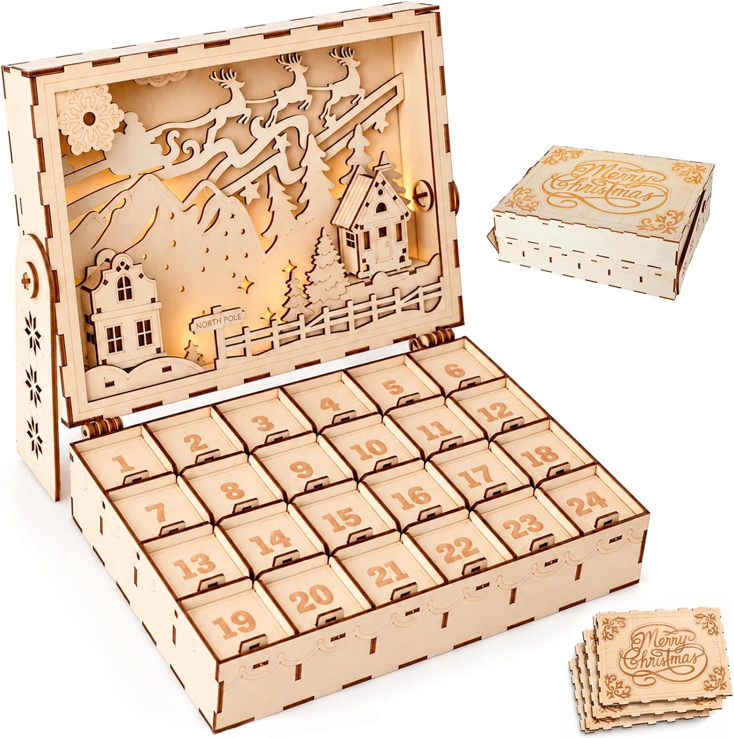 2026 DIY Houten Adventskalender om te Vullen, Schilderen & Knutselen – Herbruikbare Kerstkalender met 24 Laatjes voor Cadeaubonnen, Snoepjes en Verassingen, Kerstversiering Woondecoratie