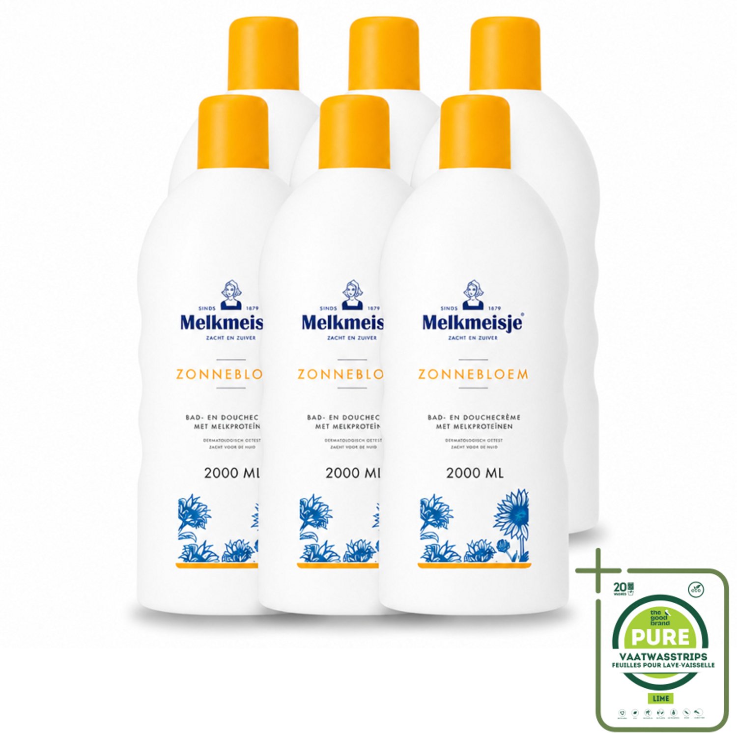 6 x Melkmeisje – Bad & Douchecrème – Zonnebloem – 2000 ml - Grootverpakking - Vaatwasstrips - Bad En Douche Crème - Zonnebloem En Melk - Huid Verzorging - Zachte Crème - Frisse Geur
