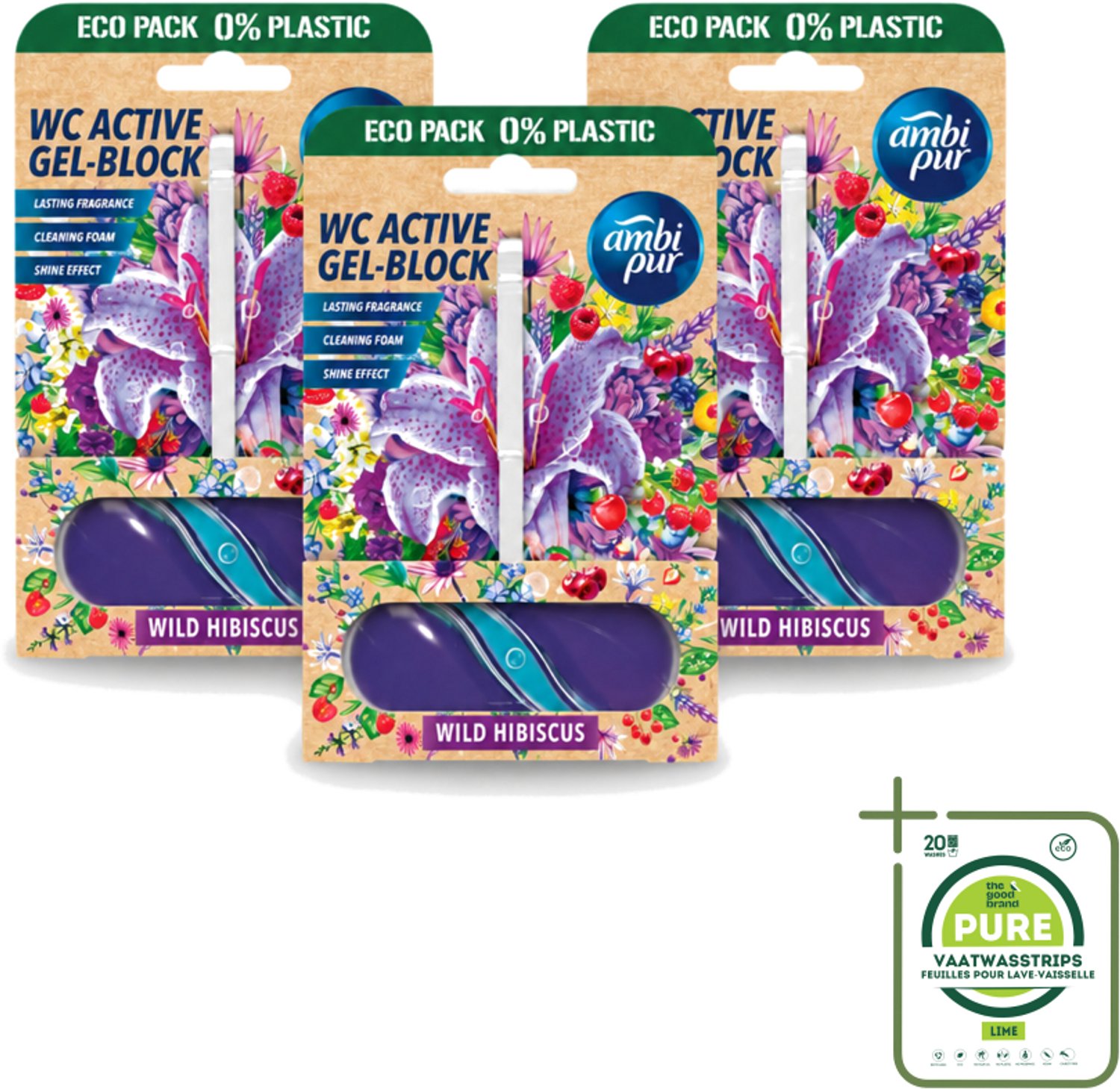 3 x Ambi Pur – Toiletblok – Wild Hibiscus – 45 g - Grootverpakking - Vaatwasstrips - Toiletblok - Fris Toilet - Geur Toilet - Kalkaanslag Voorkomen - Toilet Reinigen