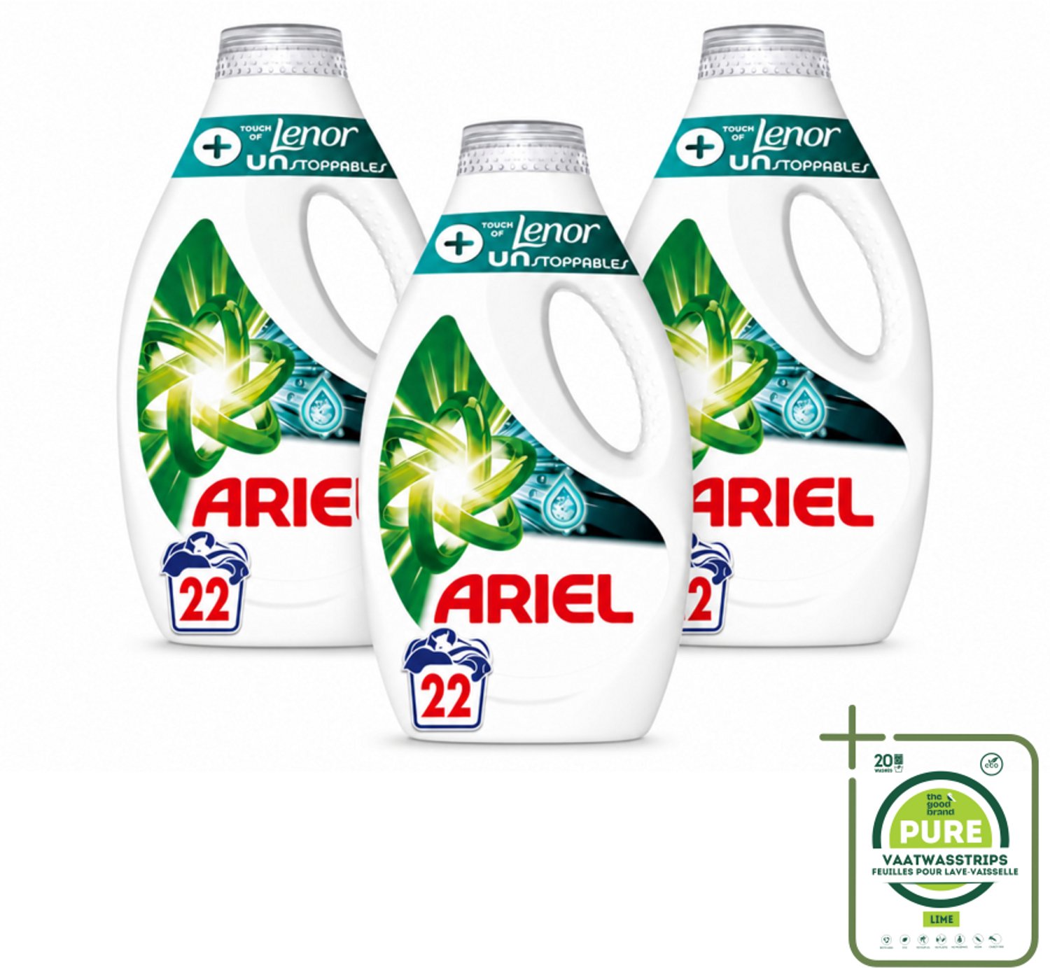 3 x Ariel – +Touch van Lenor Unstoppables – Vloeibaar Wasmiddel – 990 ml - Grootverpakking - Vaatwasstrips - Wasmiddel - Vlekverwijdering - Frisheid - Kleding Reinigen - Wasmiddel Voor Bonte Was