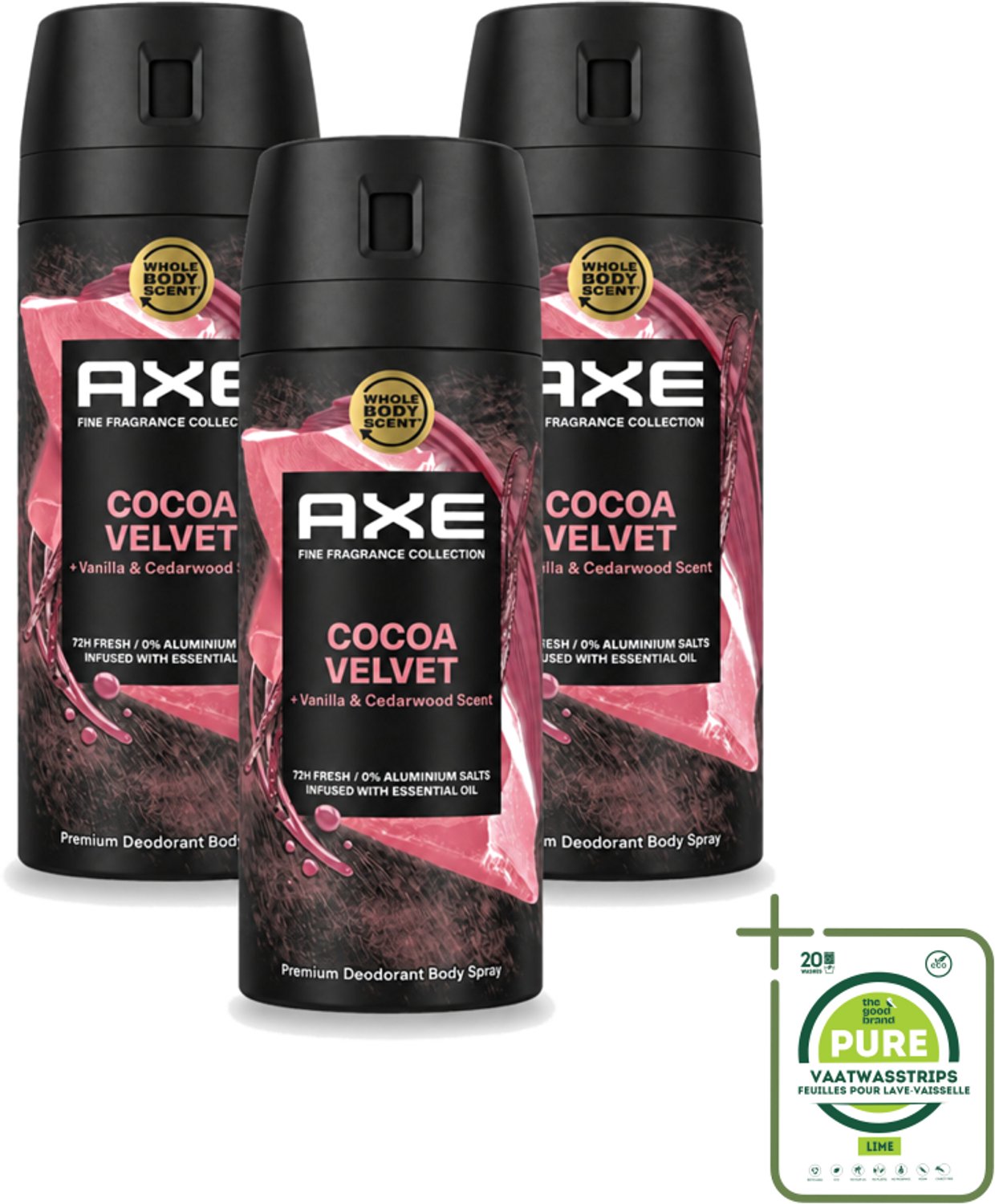 3 x Axe – Deodorant – Cocoa Velvet – 150 ml - Grootverpakking - Cocoa Velvet - Deodorant Bodyspray - Frisheid - Geur - Lichaamsgeur