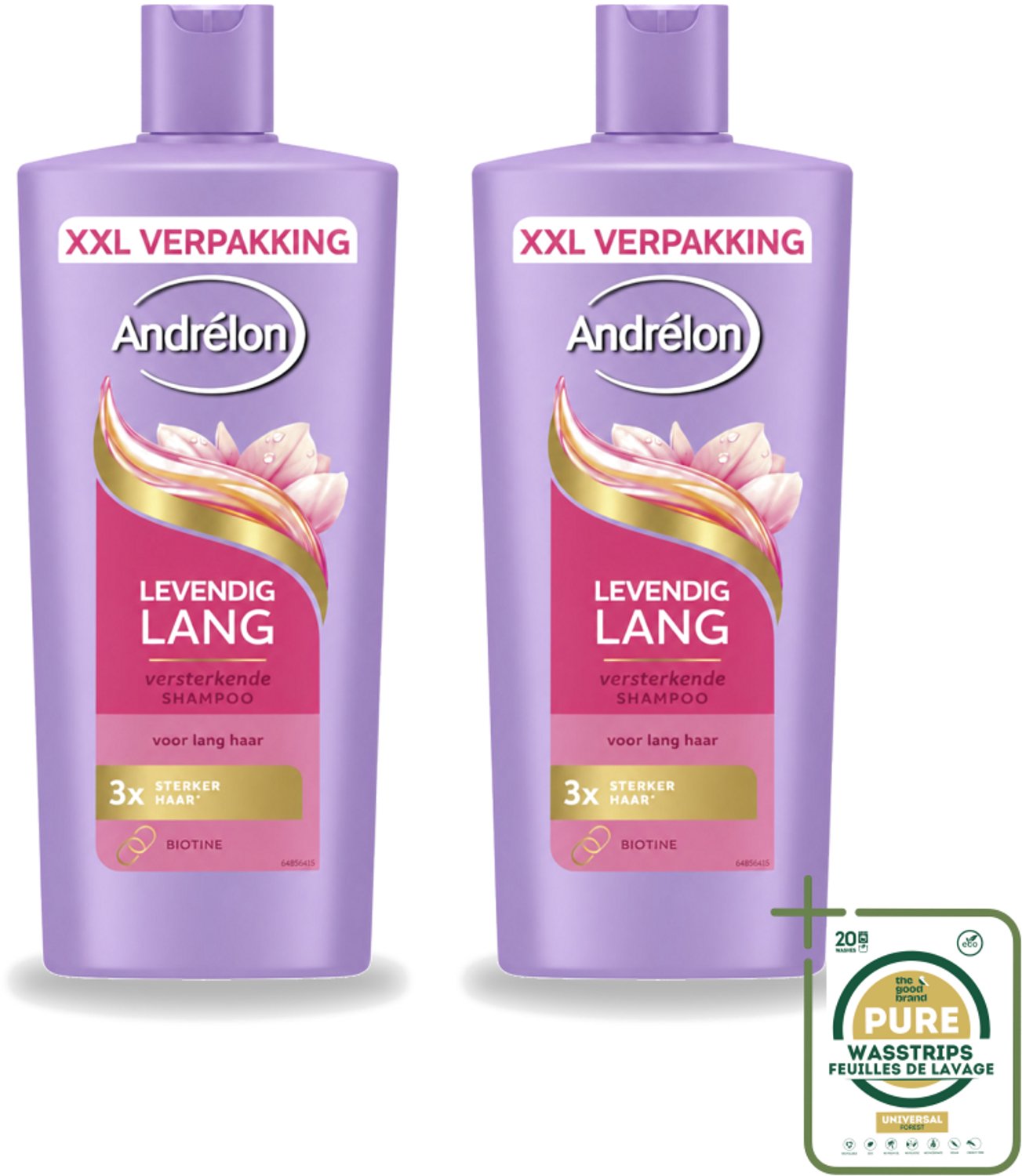 2 x Andrélon – Shampoo – Levendig Lang – 685 ml - Wasstrips - Lang Haar Verzorging - Versterkend Haar Shampoo - Biotine Shampoo - Gezond Lang Haar - Beschadigd Haar Versterken