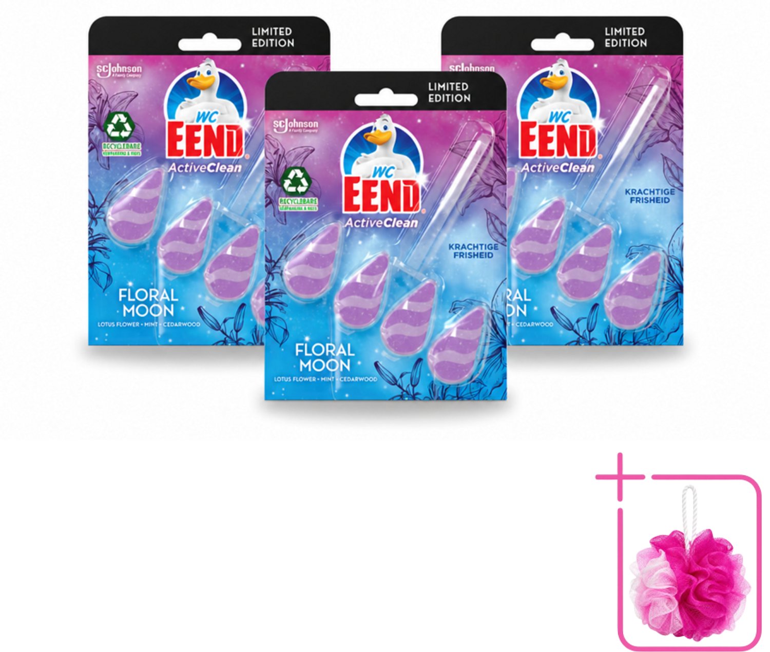 3 x WC Eend - Active Clean Floral Moon - Toiletblok - Lotus, Munt & Cederhout Geur - 38 gr - Bulkverpakking - Toiletblok - Douchemop - Geur