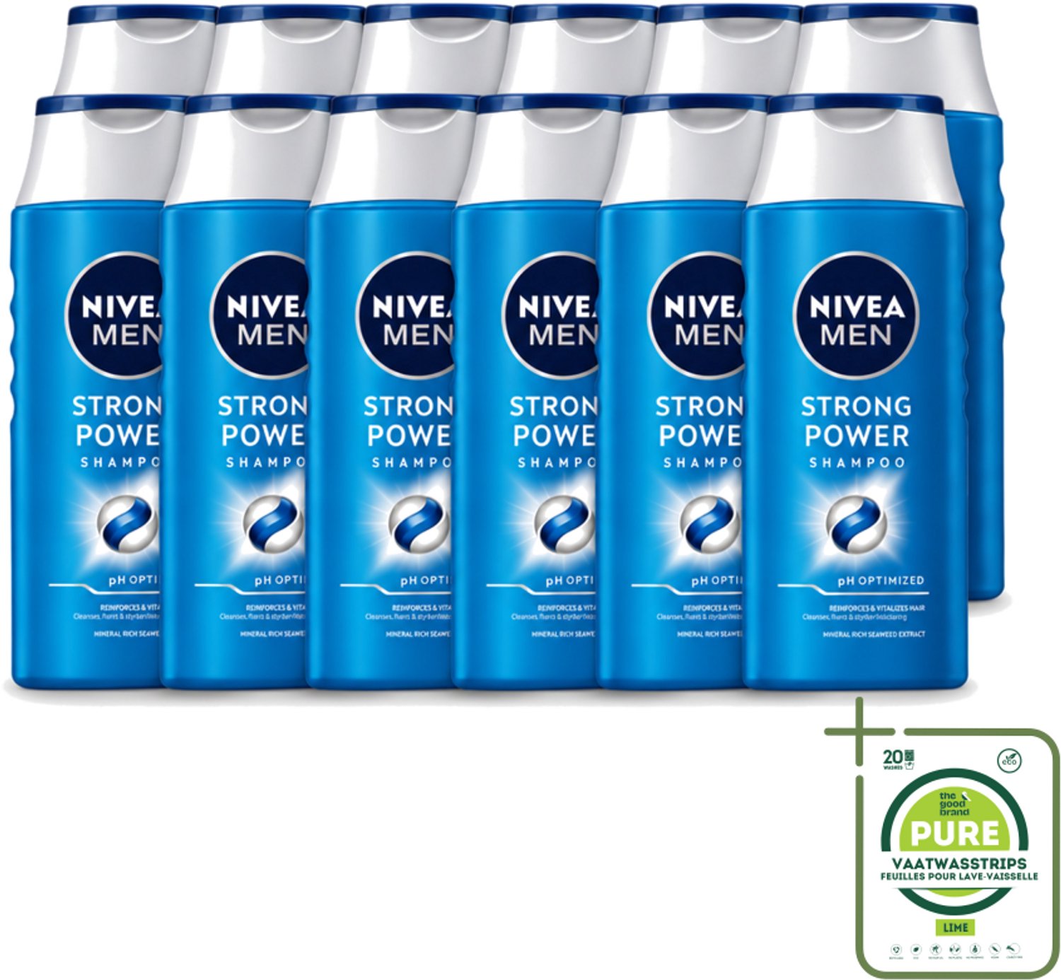12 x NIVEA MEN – Shampoo – Strong Power – 250 ml - Grootverpakking - Vaatwasstrips - Sterker Haar - Vol Haar - Krachtig Haar - Zichtbaar Sterker - Volume Haar
