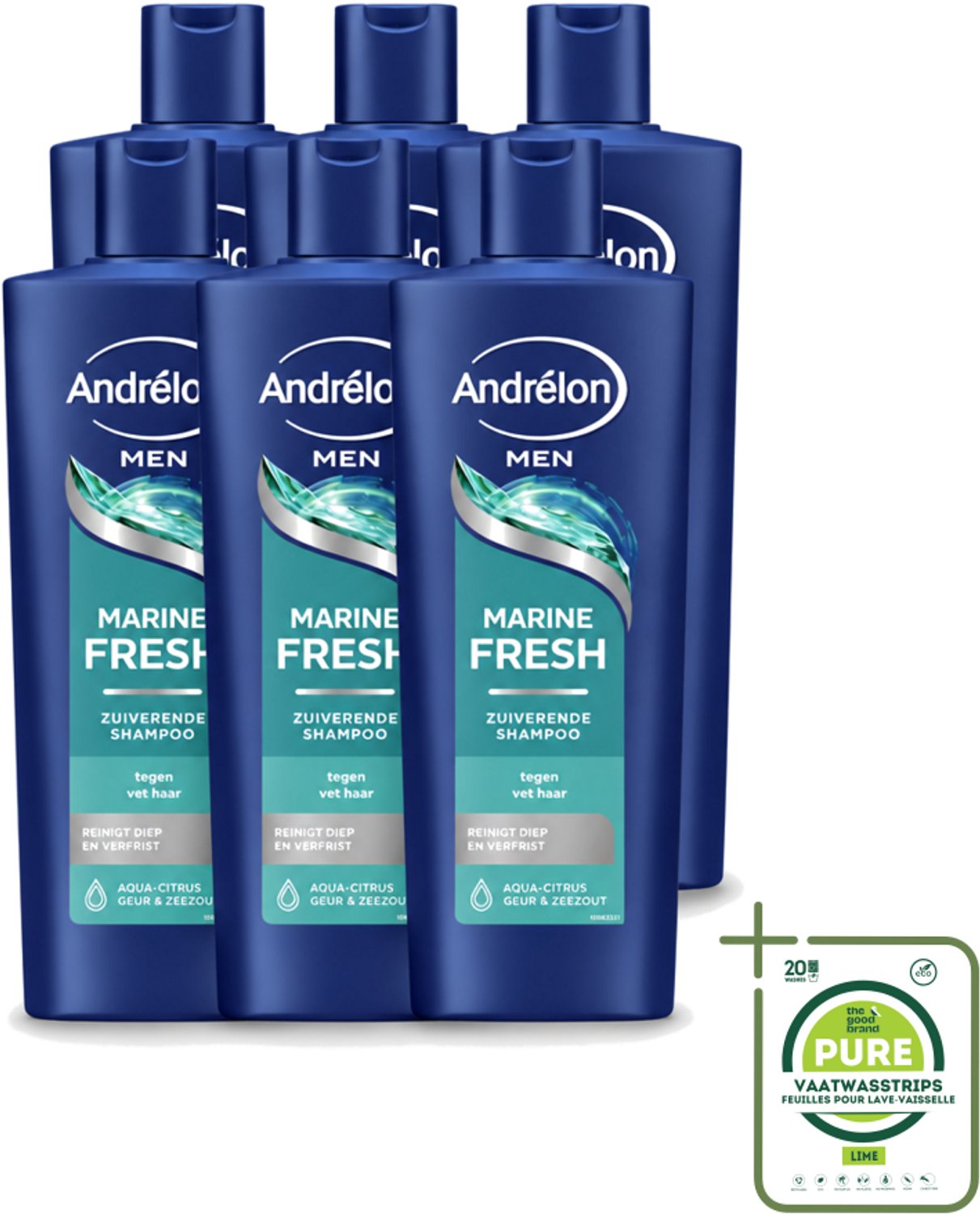 6 x Andrélon – Shampoo – Marine Fresh Men – 400 ml - Grootverpakking - Vaatwasstrips - Mannelijk Haar Reinigen - Vet Haar Verwijderen - Stylingresten Verwijderen - Krachtige Shampoo - Zeezout Shampoo