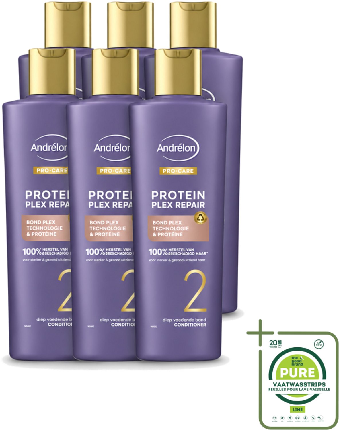 6 x Andrélon – Conditioner – Pro Care Protein Plex Repair – 250 ml - Grootverpakking - Vaatwasstrips - Herstel Haar - Beschadigd Haar - Proteïne Conditioner - Haar Herstel - Haar Versterken