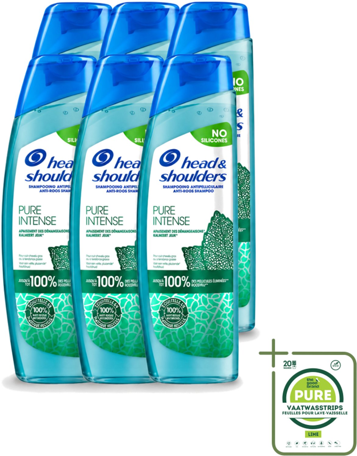 6 x Head & Shoulders – Shampoo – Pure Intense Kalmeert Jeuk – 250 ml - Grootverpakking - Vaatwasstrips - Anti-roos Shampoo - Shampoo Bij Jeukende Hoofdhuid - Pepermunt Shampoo - Siliconenvrije Shampoo - Roosvrije Shampoo