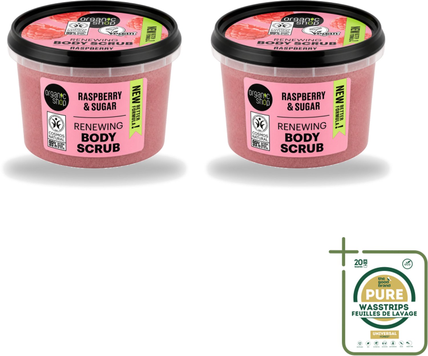 2 x Organic Shop - Organic Raspberry & Sugar Body Scrub - Verfrissend en Peeling - 250 ml - Wasstrips - Bodyscrub - Exfoliatie - Huidpeeling - Natuurlijke Huidverzorging - Framboosscrub