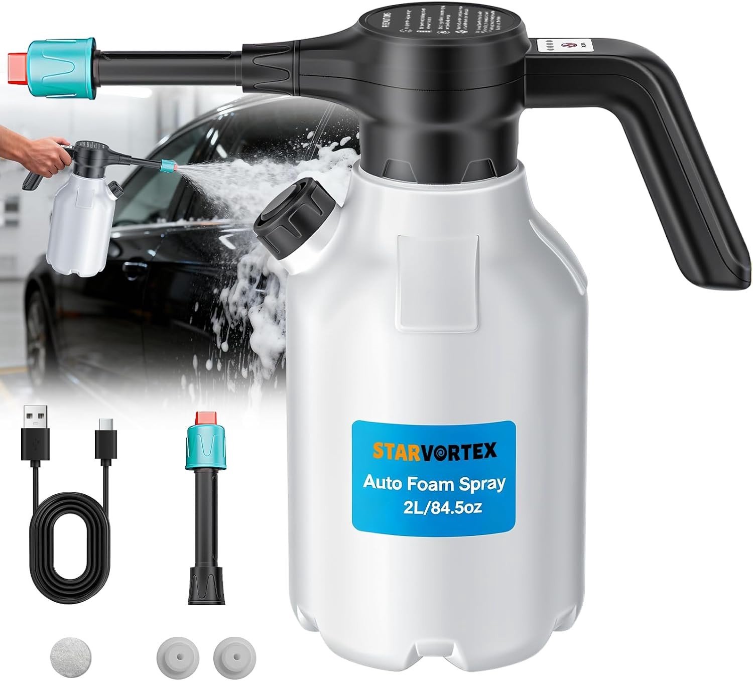 Elektrische Sprayfles voor Auto en Huishoudelijk Gebruik, 2.5L Accu, Hoge Schuimdruk, Draadloze Hogedrukreiniger voor Auto, Tuin en Keuken