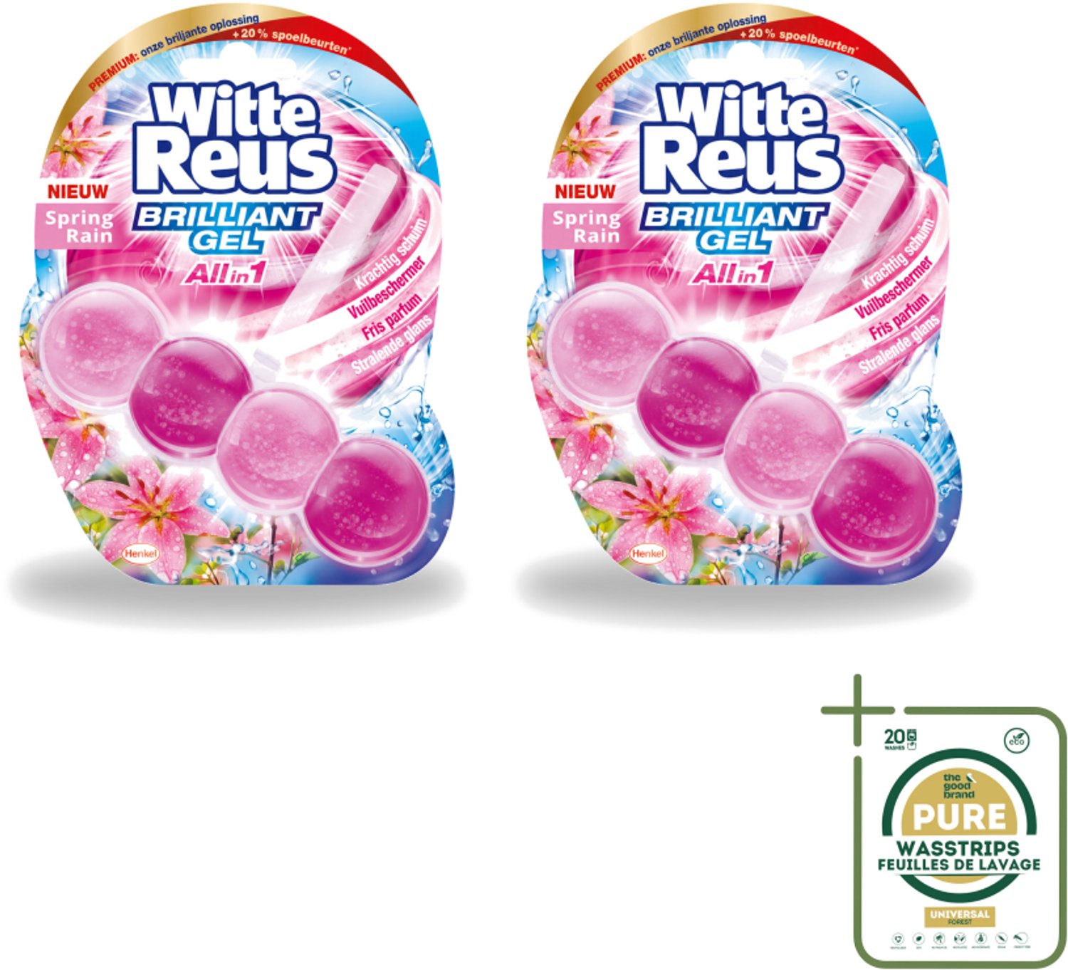 2 x Witte Reus - Toiletblok Brilliant Gel - Spring Rain - 1 Toiletblok - Wasstrips - Toiletblok - Reinigingsgel - Frisheid - Schoonmaak - Hygiëne