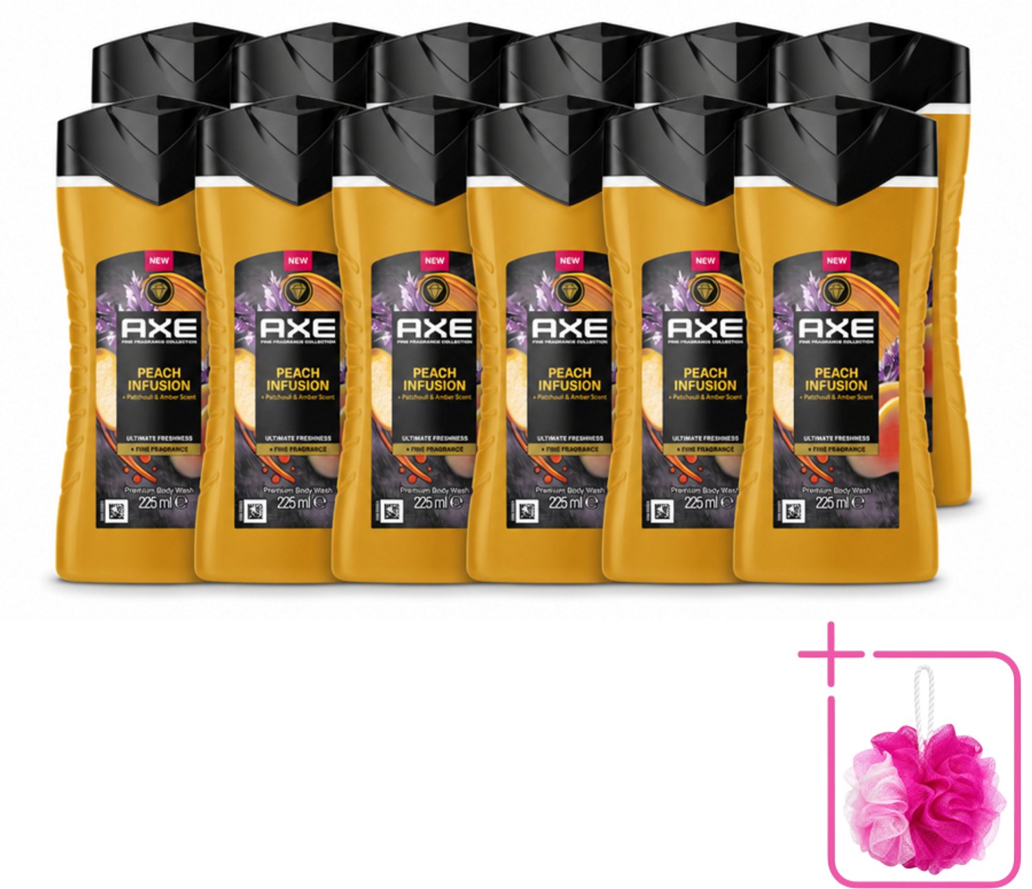 12 x Axe – Douchegel – Peach Infusion – 225 ml - Bulkverpakking - Douchegel - Douchemop - Fris ruiken