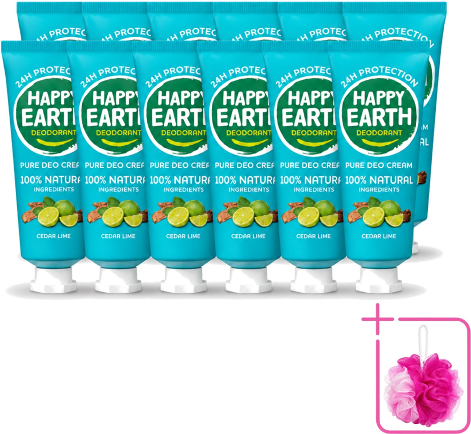 12 x Happy Earth – Deodorant Cream – 100% Natuurlijk Cedar Lime – 40 ml - Bulkverpakking - Natuurlijke deodorant - Douchemop - Deodorant crème