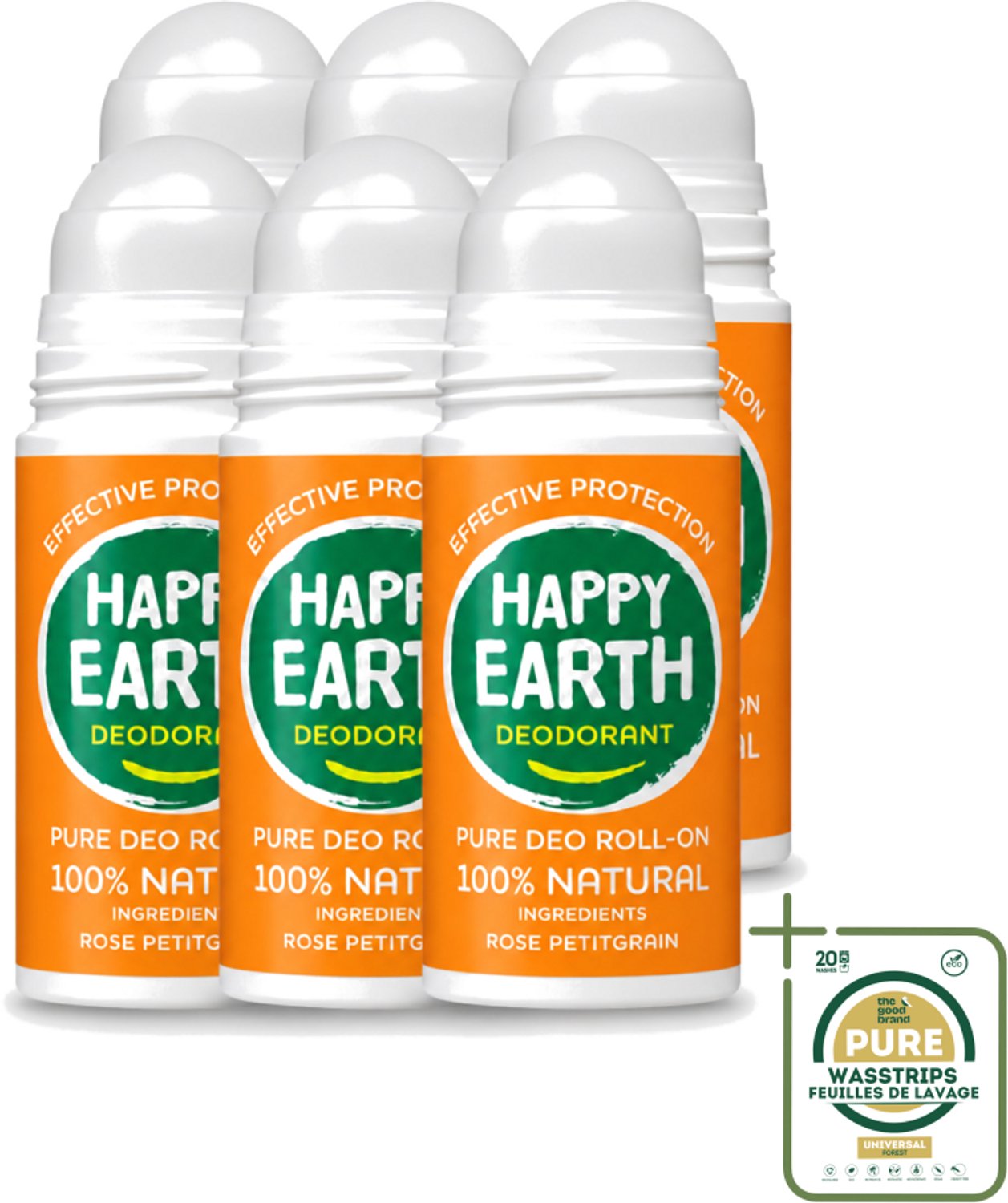 6 x Happy Earth – Deodorant Roll-On – 100% Natuurlijk Rose Petitgrain – 75 ml - 100% Natuurlijke Deodorant - Roll-on Deodorant - Frisse Geur - Bloemige Geur - Roos