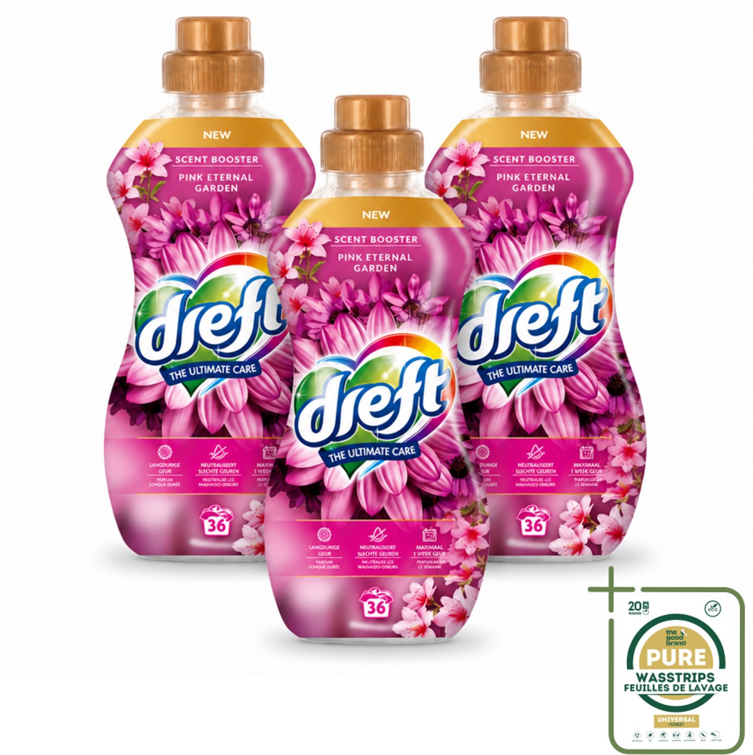 3 x Dreft – Pink Eternal Garden – Vloeibare Geurbooster – 720 ml – 36 wasbeurten - Wasstrips - Wasmiddel Poeder - Frisheid Was - Kleurbescherming - Vezelbescherming - Anti-kreukwerking
