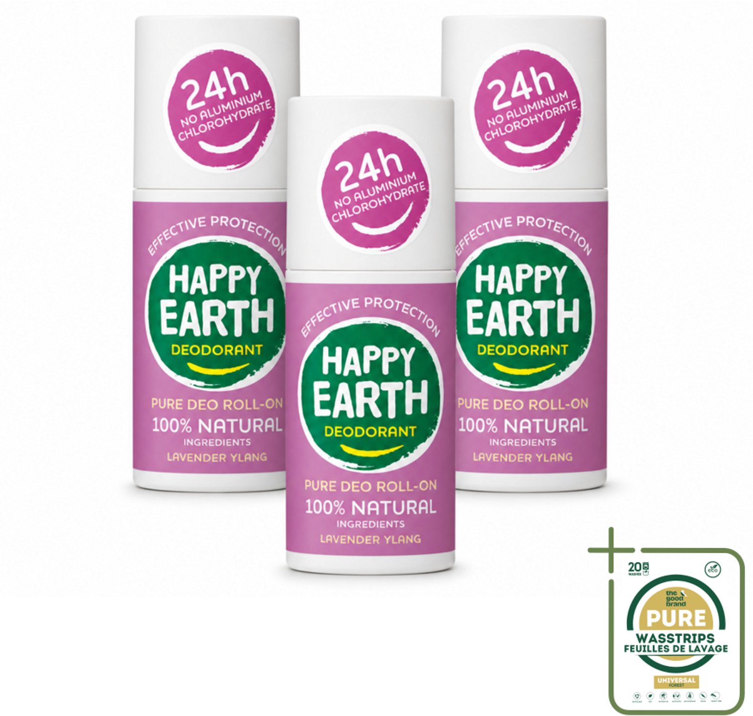 3 x Happy Earth – Deodorant Roll-On – 100% Natuurlijk Lavender Ylang – 75 ml - Natuurlijke Deodorant - Roll-on Deodorant - Lavendel Geur - Ylang-ylang Geur - Huidvriendelijk