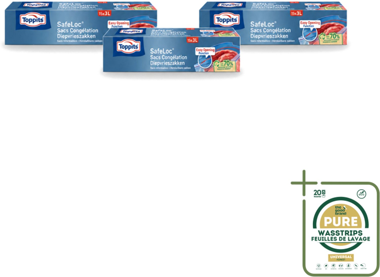 3 x Toppits – Safeloc Zip-Diepvrieszakken – 3 Liter – 15 Zakjes - Wasstrips - Diepvrieszakken - Dubbele Sluiting - Voedselbescherming - Herbruikbaar - Vriesbrand