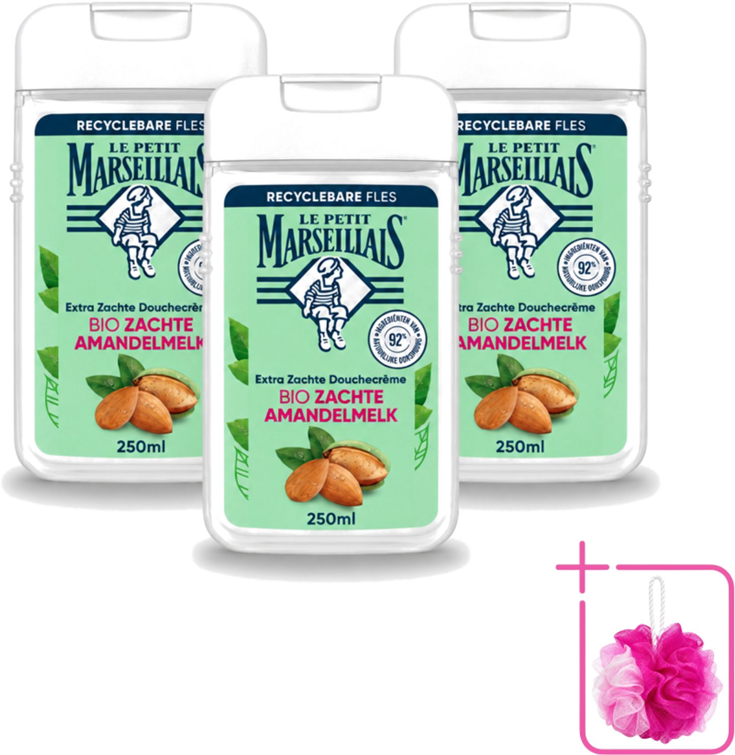 3 x Le Petit Marseillais – Douchecrème – Zoete Amandel – Hydraterend – 250 ml - Bulkverpakking - Douchecrème - Douchemop - Amandel