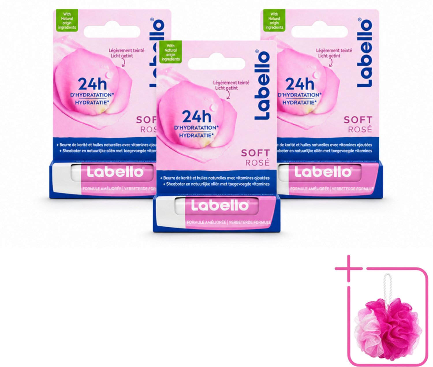 3 x Labello – Lippenbalsem – Soft Rosé – Lippenbalsem – 24H Hydratatie - Bulkverpakking - Hydraatende lippenbalsem - Douchemop - Roze lippenbalsem