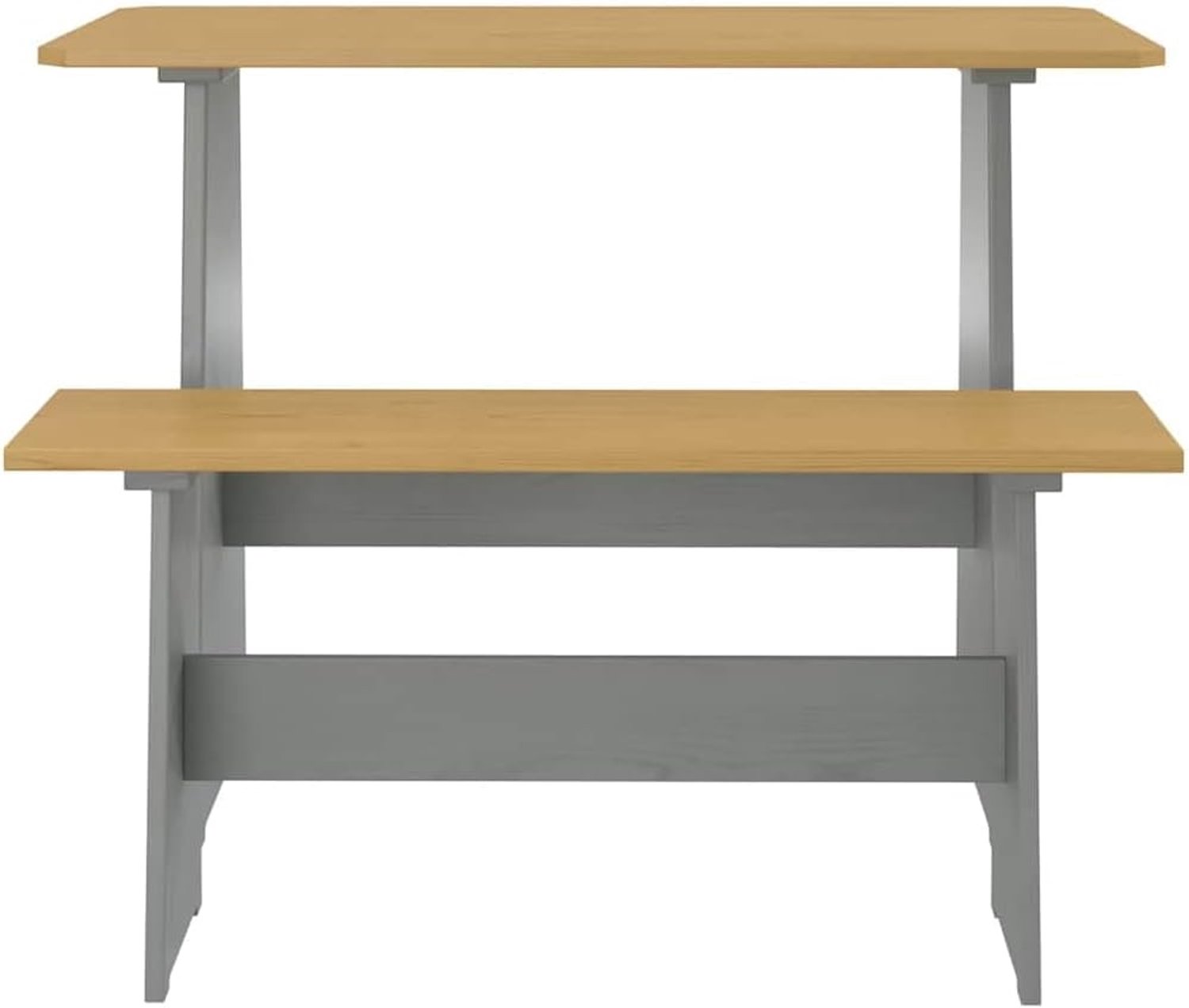 Eettafel met bank van massief grenenhout, eetgroep grenen voor eetkamer of keuken, zitbank massief grenen in honingbruin en grijs, duurzaam en flexibel omstelbaar