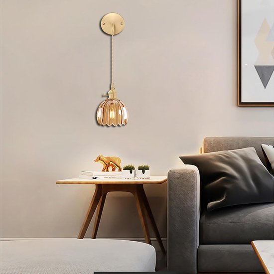 Vintage wandlamp met heldere geribbelde glazen kap, gouden wandlamp met E27-fitting en draaischakelaar, elegante wandverlichting voor slaapkamer of woonkamer (barnsteen, verpakking van 2) — afbeelding 4