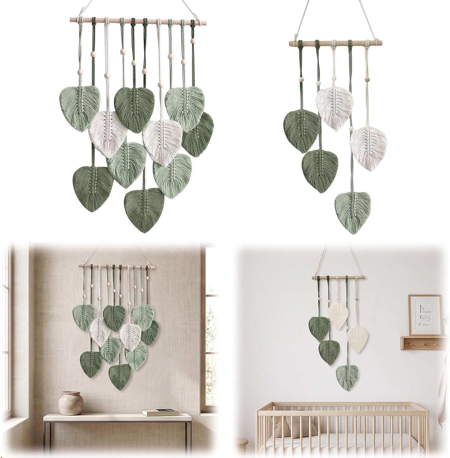 2 stuks macramé wandbehang, boho-decoratie met houten kralen en groene bladeren - ShopVlot