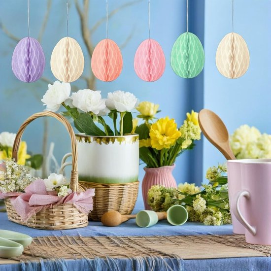 12 Stuks Delige Papieren Honingraat Eierdecoraties Hangende Pastelkleurige Eieren voor Paasfeest Kerstboomversiering Verjaardag Nieuwjaar Eenvoudig Hangen Herbruikbaar — afbeelding 2
