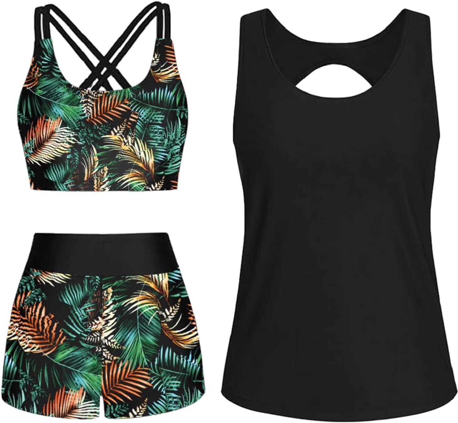 Yutdeng Tankini voor dames, buikreducerende tankini, badpak, top-bikini, push-up broek, shorts voor dames, met platte pijpen, badpak voor dames, 3-delig