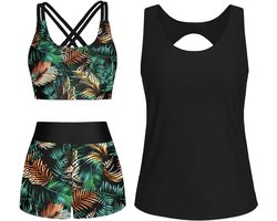 Yutdeng Tankini voor dames, buikreducerende tankini, badpak, top-bikini, push-up broek, shorts voor dames, met platte pijpen, badpak voor dames, 3-delig