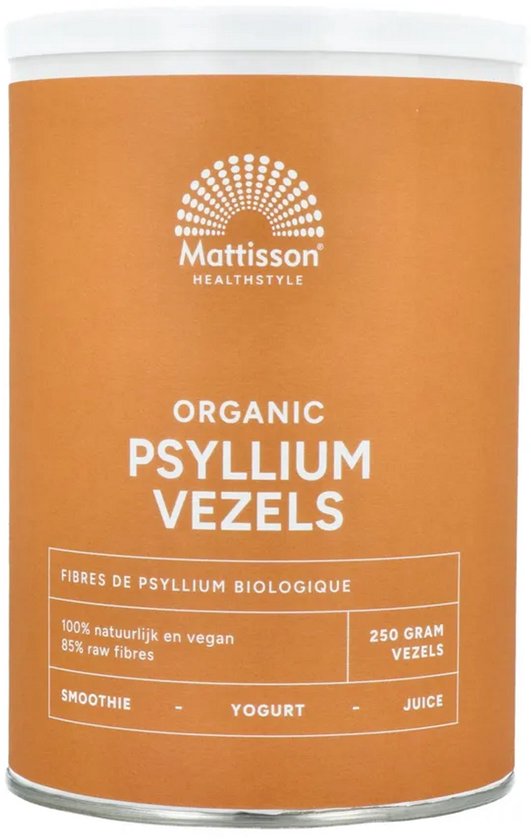 Oranje blik met Mattisson HEALTHSTYLE logo en de tekst ORGANIC PSYLLIUM VEZELS. 250 GRAM VEZELS.
