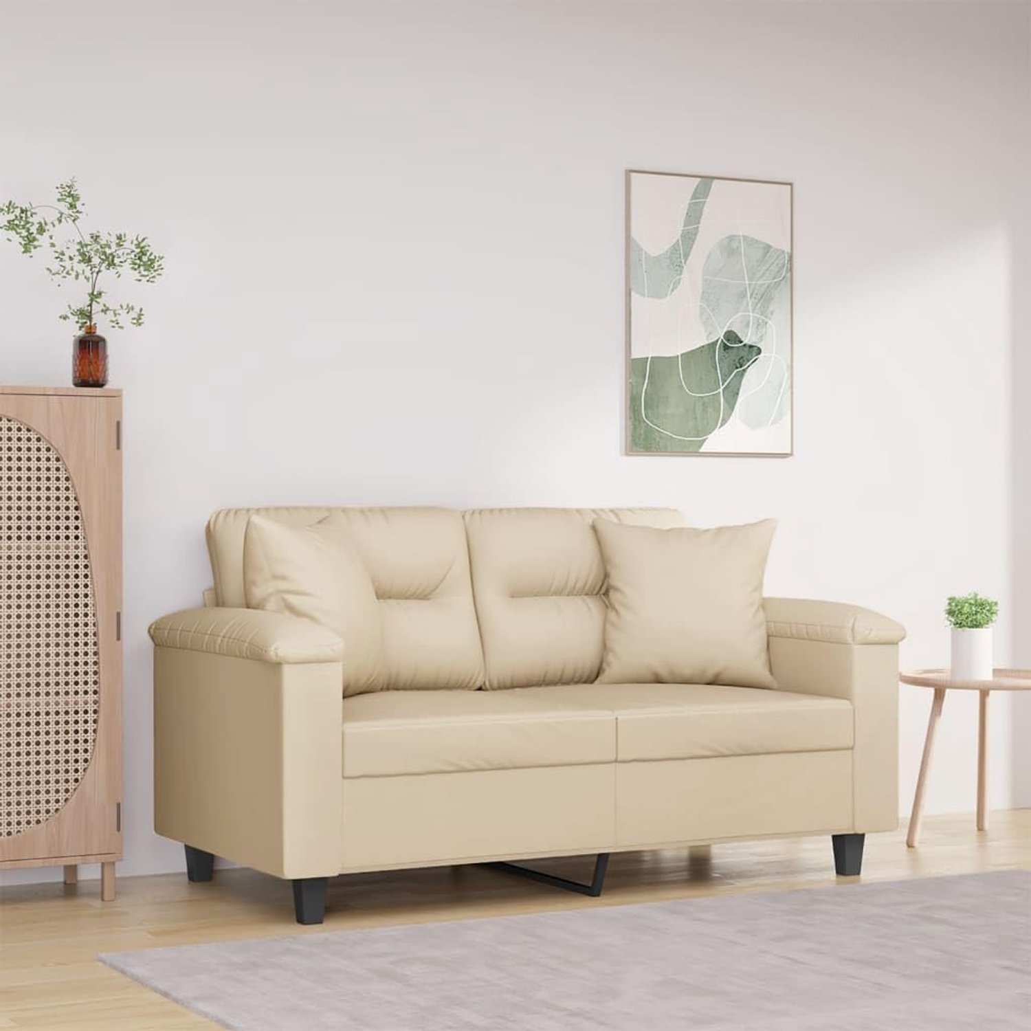 2-zitsbank met kussen, crème, woonkamerbank, kantoorbanken voor woonkamer, 120 cm, microvezelweefsel