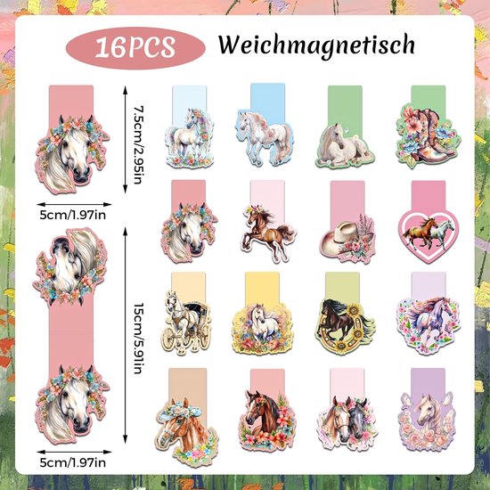 16 stuks magnetische paarden, dieren, magnetische boekenleggers, cadeautje, kinderverjaardag, schoolzak, vulling voor boekenliefhebbers, scholieren, jongens en meisjes — afbeelding 5