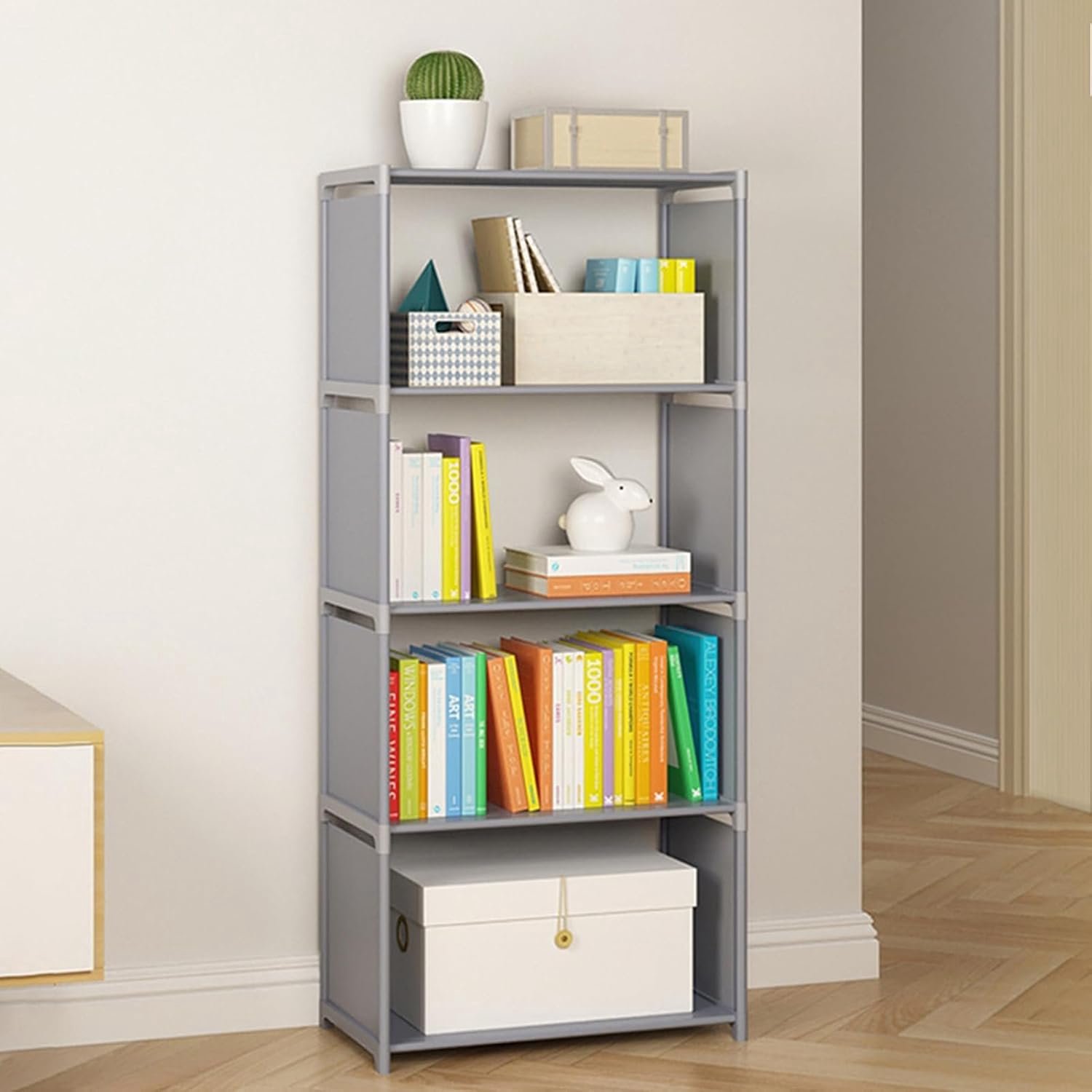 Mingzhe Boekenplank met 5 Niveaus en Kubusopslag, Stijlvolle en Veelzijdige Hoge Boekenkast voor Slaapkamer Woonkamer, Grijs Gegalvaniseerd Staal, 49,21 X 16,14 X 10,63 Inch (5 lagen enkele rij)