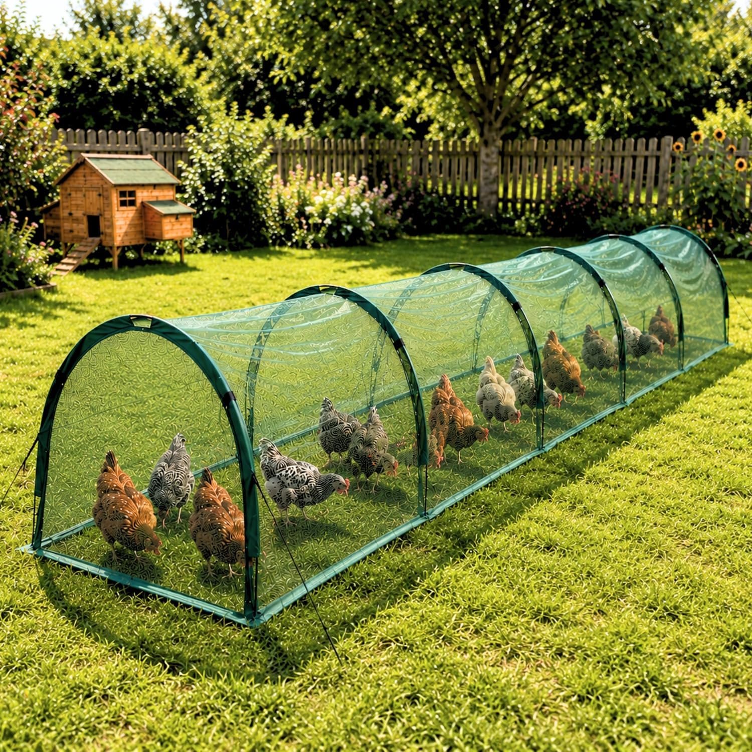 Kippenren Kippenhok Tunnel 500x100cm | Kippenkooi voor Buiten Tuin | Konijnenren Konijnenhok Cavia Ren | Huisdierbox met 4 Deuren voor Kleine Huisdieren | Draagbare Opvouwbare Bescherming Hen House