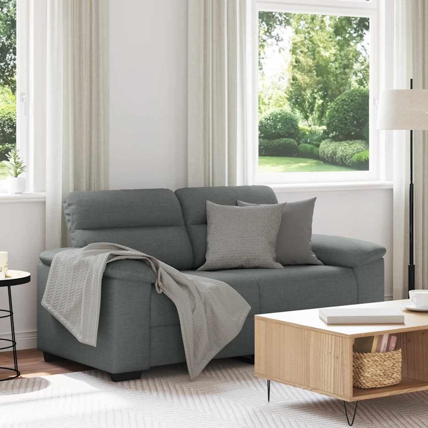 2-zitsbank, donkergrijs, 120 cm, stof, polyesterweefsel, zitmeubel met brede armleuningen en dikke bekleding, voor kantoor en logeerkamer, robuust houten metalen frame