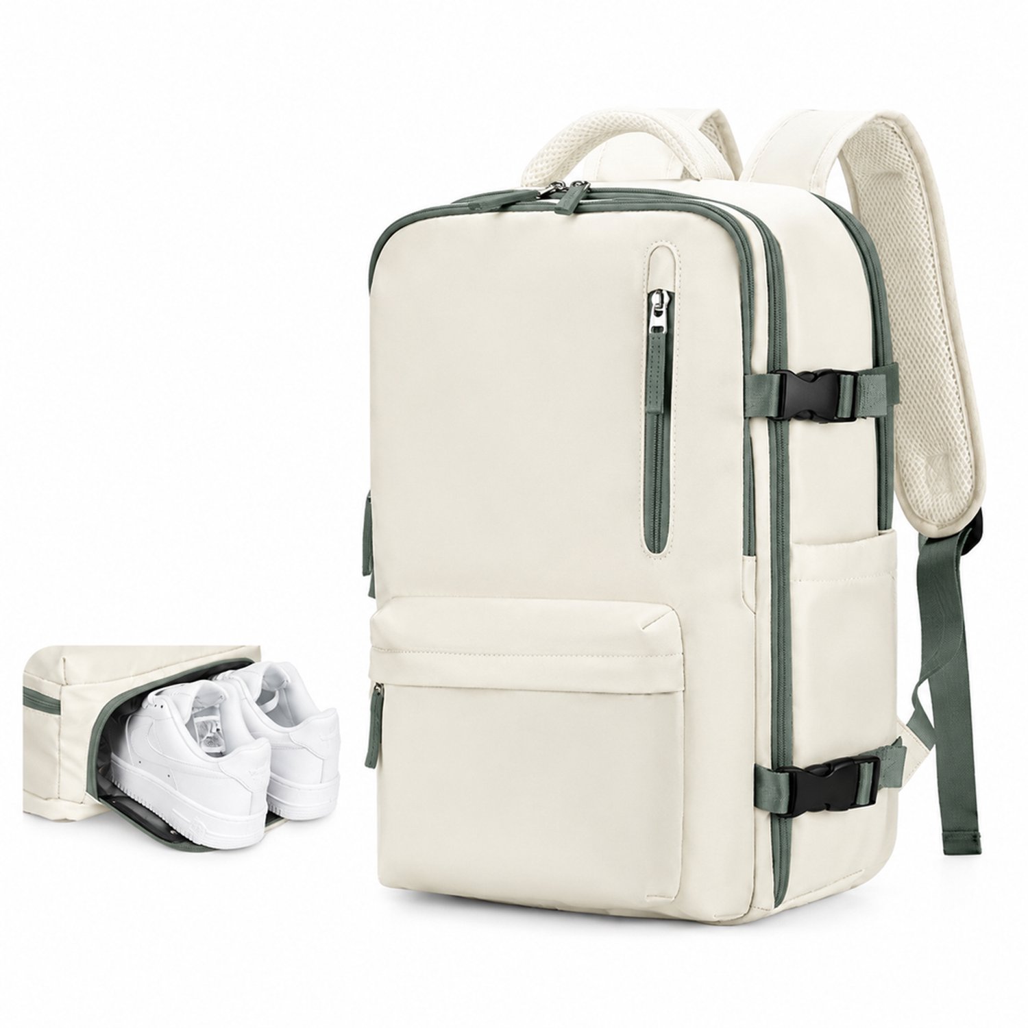 Rugzak - middelgroot - 4 compartimenten - voor vrijetijdsreizen - beige met groen