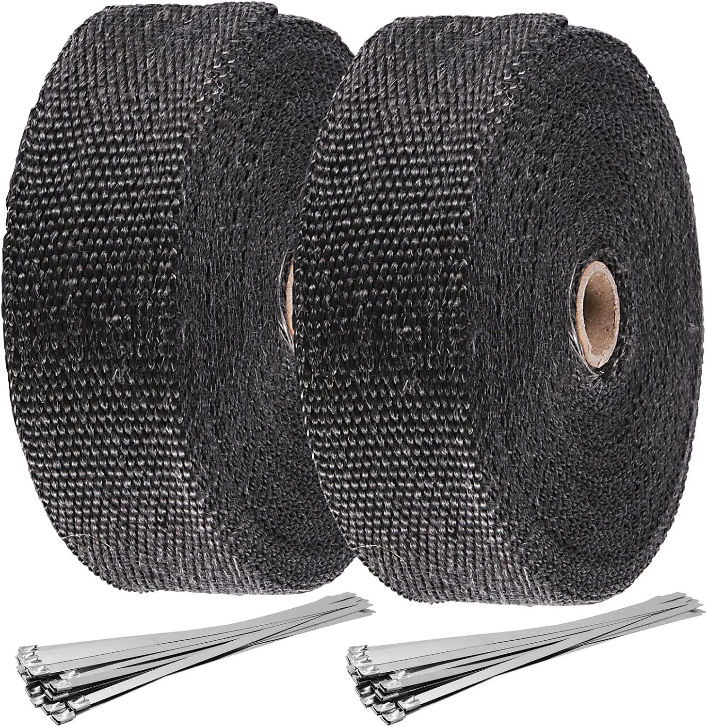 2 Stuks 15mx50mm Warmtebeschermingsband van Basaltvezel voor Uitlaat, Thermische Isolatieband met 20 RVS Kabelbinders voor Motor en Auto, Zwart
