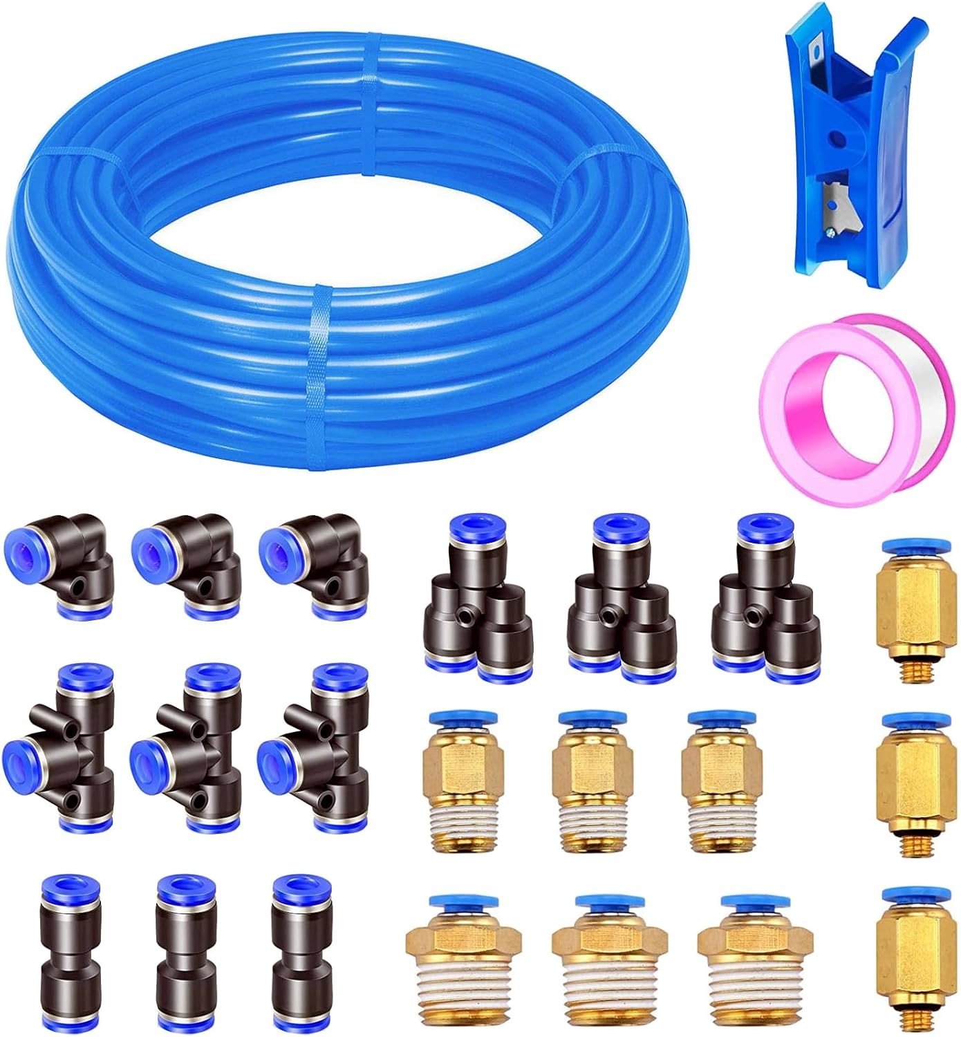 20 meter blauwe pneumatische slang voor samengeperste lucht met 21 aansluitingen, 8mm buiten en 5mm binnen diameter