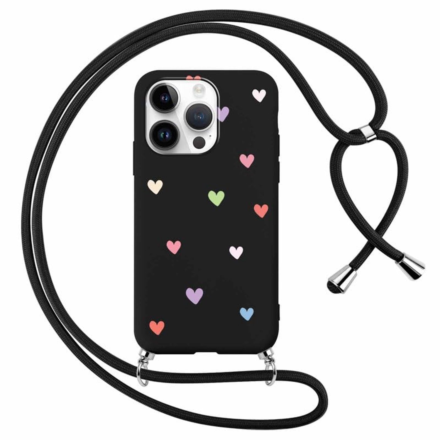 Foonary mobiele telefoon ketting hoes met band voor iPhone 14 Pro 6,1" hoesje, hart esthetisch design ketting halsband hoes met koord om om te hangen