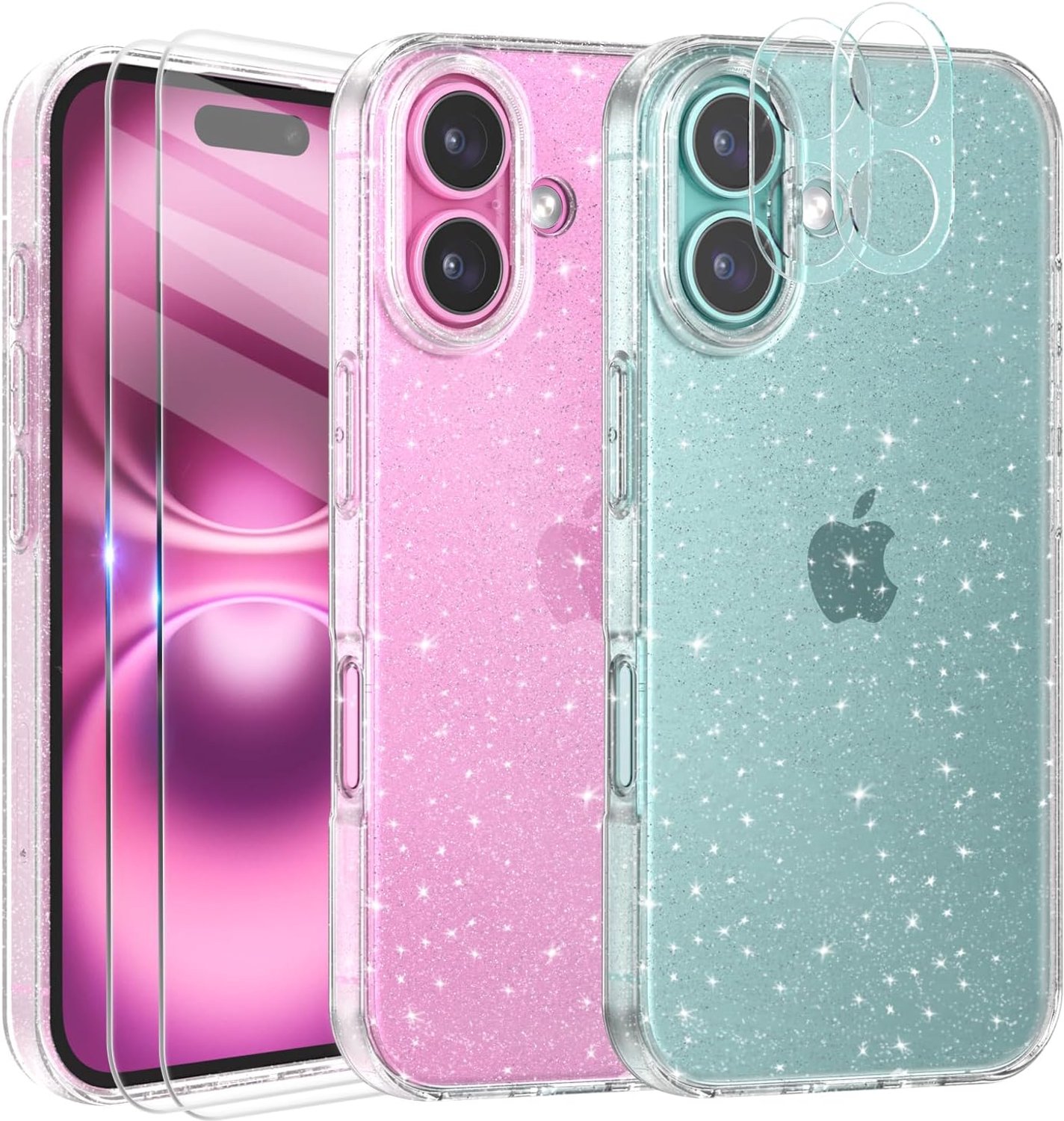 Beschermhoesje compatibel met iPhone 16, glitterhoes, 2 stuks, displaybeschermfolie van gehard glas en 2 stuks camerafolie, glitter van zacht TPU, transparante beschermhoes