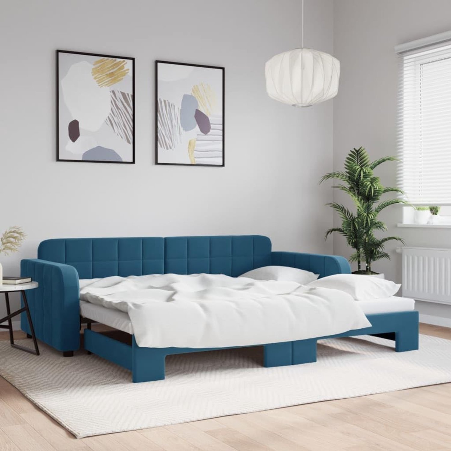 Bedframe, familiebed, tweepersoonsbed, slaapkamermeubel, dagbed, uittrekbaar, blauw, 90x200 cm, fluweel