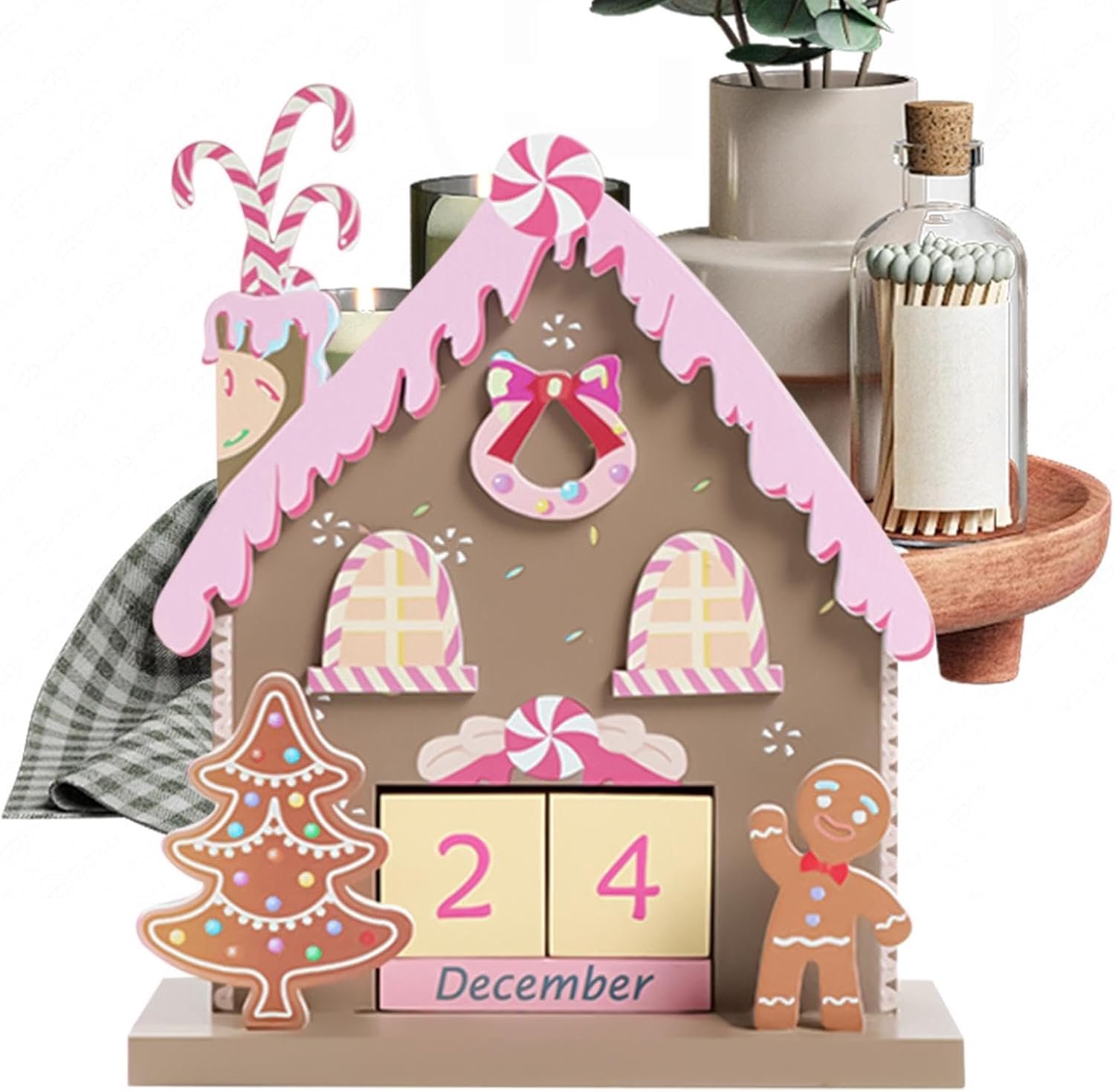 Houten kalender voor bureau peperkoek thema tafelblad ornamenten