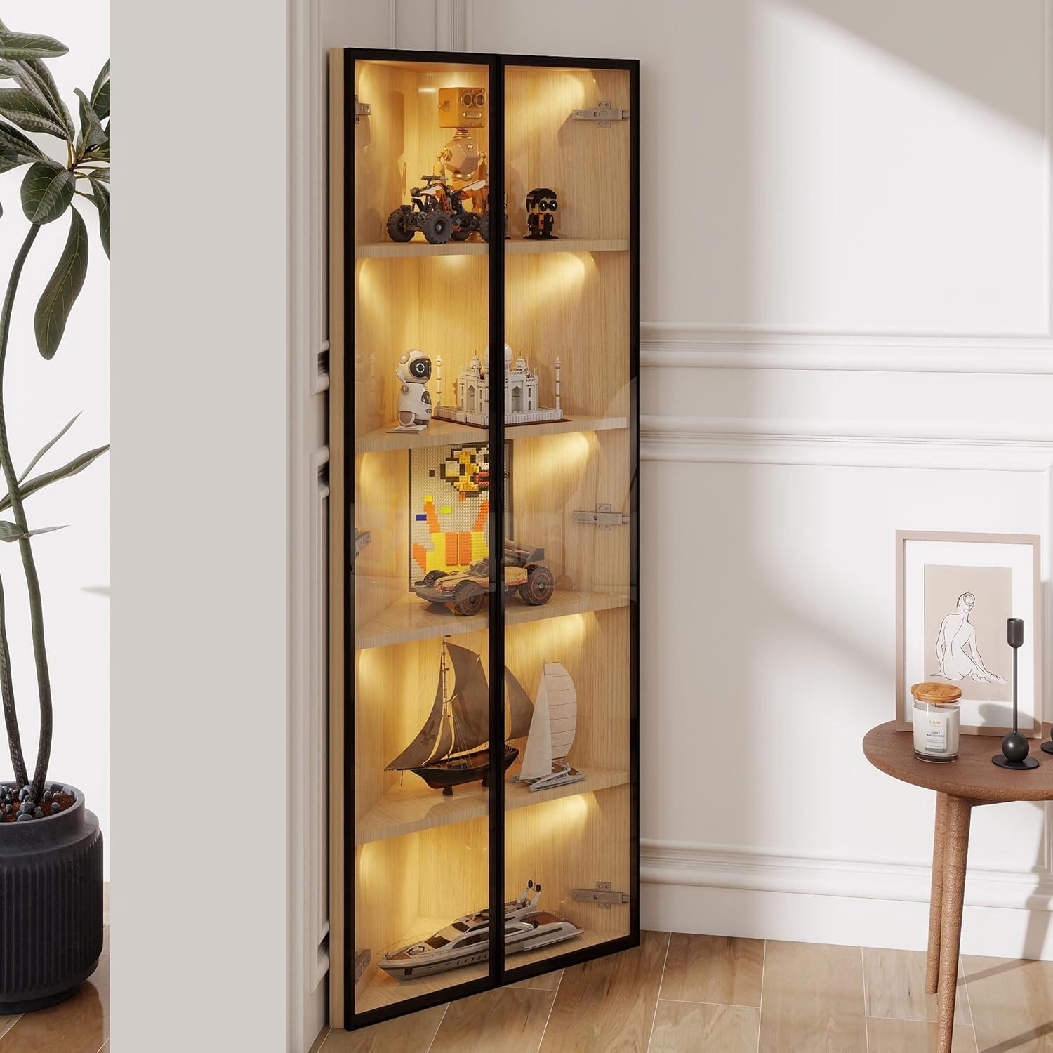 Dolamaní Vitrine 62 x 35 x 160 cm gemaakt van gehard glas, hoekvitrine met geïntegreerde lichtband, stofdichte vitrine, glazen vitrine voor woonkamer, slaapkamer, kantoor (buitenkant van eiken)