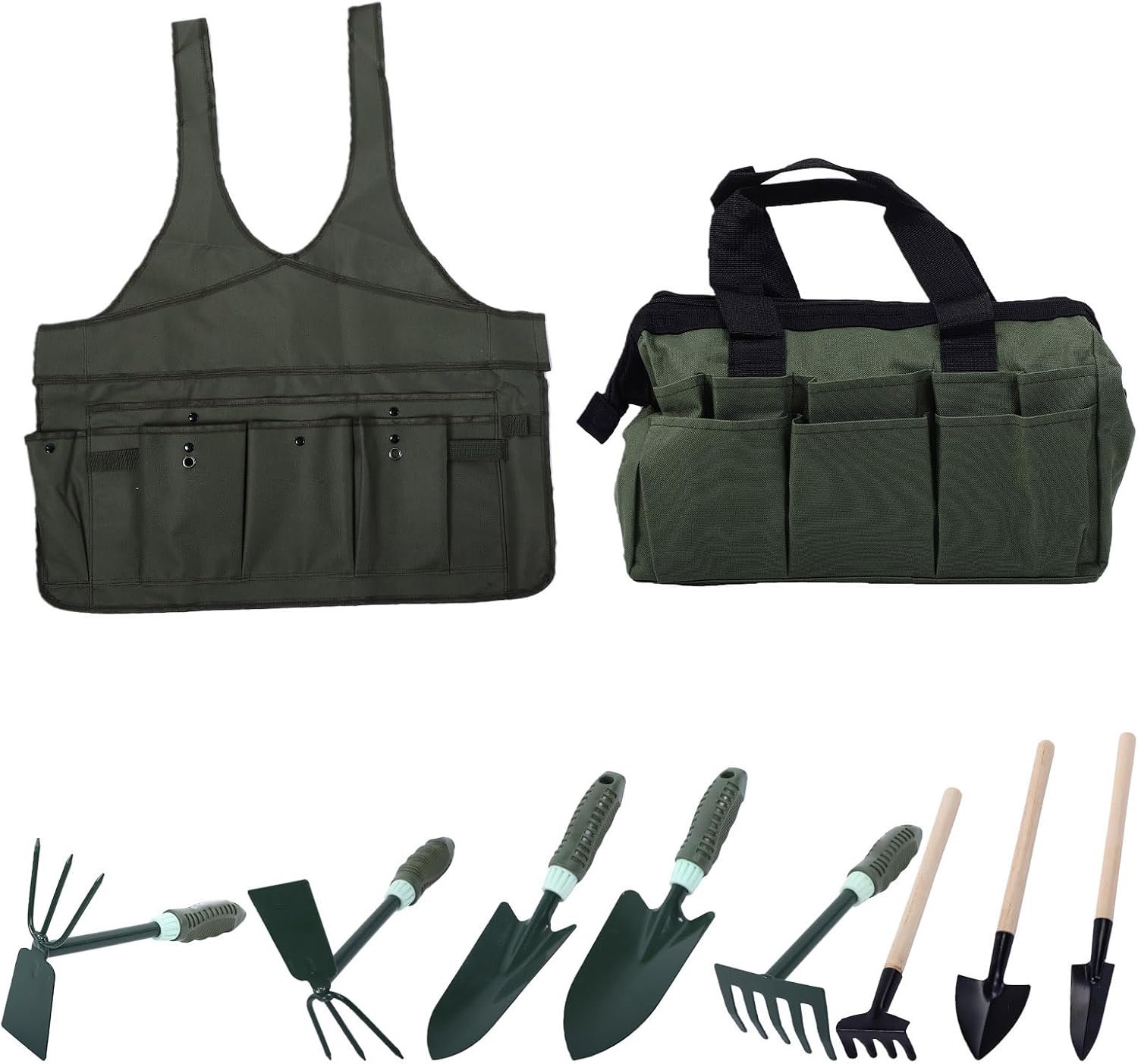 Eacam 9-delige Startset voor Tuinhandgereedschap, Dubbele Schoffel, met 5 Tanden, met 4 Tanden, Brede Schoppen X2, Smalle Schoppen X2, Tuinschort, Draagbare Gereedschaps