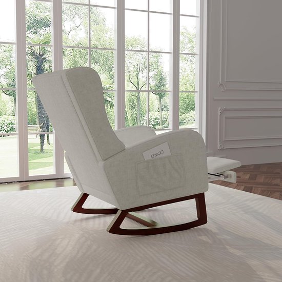 Relax schommelstoel, gestoffeerde schommelstoel van stof met hoge rugleuning, moderne stoel met antislip poten en houten sokkel voor huis, woonkamer, slaapkamer, grijs — afbeelding 3