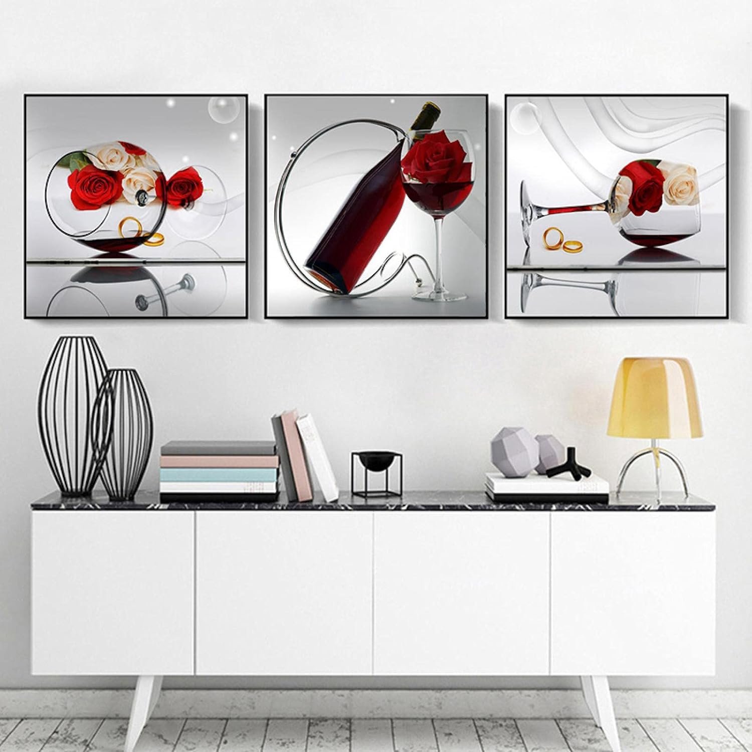 Romantische Keuken Schilderij Rode Wijn Rose Canvas Prints Poster Moderne Wall Art Foto Eetkamer Woonkamer Woondecoratie 40x40cmx3 Frameless