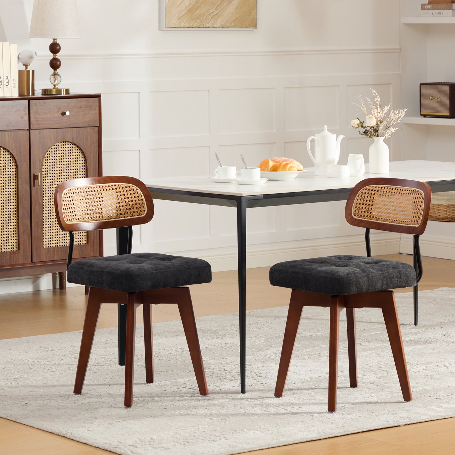 DESMIU Eetkamerstoel - Set Van 2 - 360 Graden Draaibaar Met Rotan Rugleuning En Gewatteerde Chenille Zitting - Voor Eetkamer - Zwart