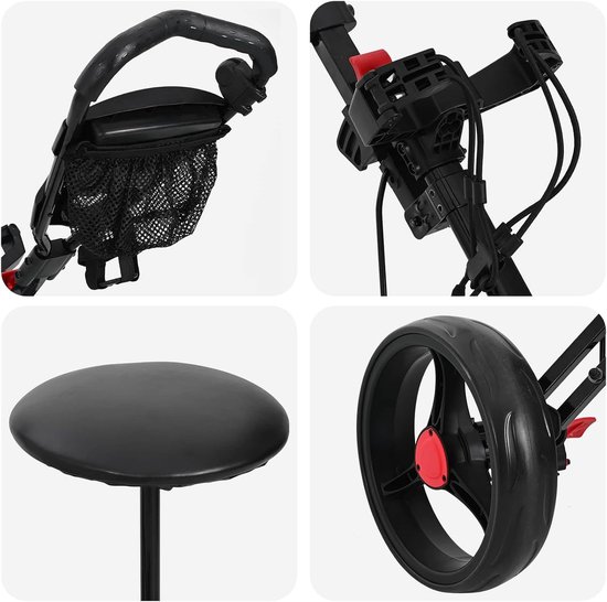 Golftrolley met zitting, inklapbaar, zwart, ijzeren frame, 95 x 69 x 114 cm, golftrolley met voetrem — afbeelding 3