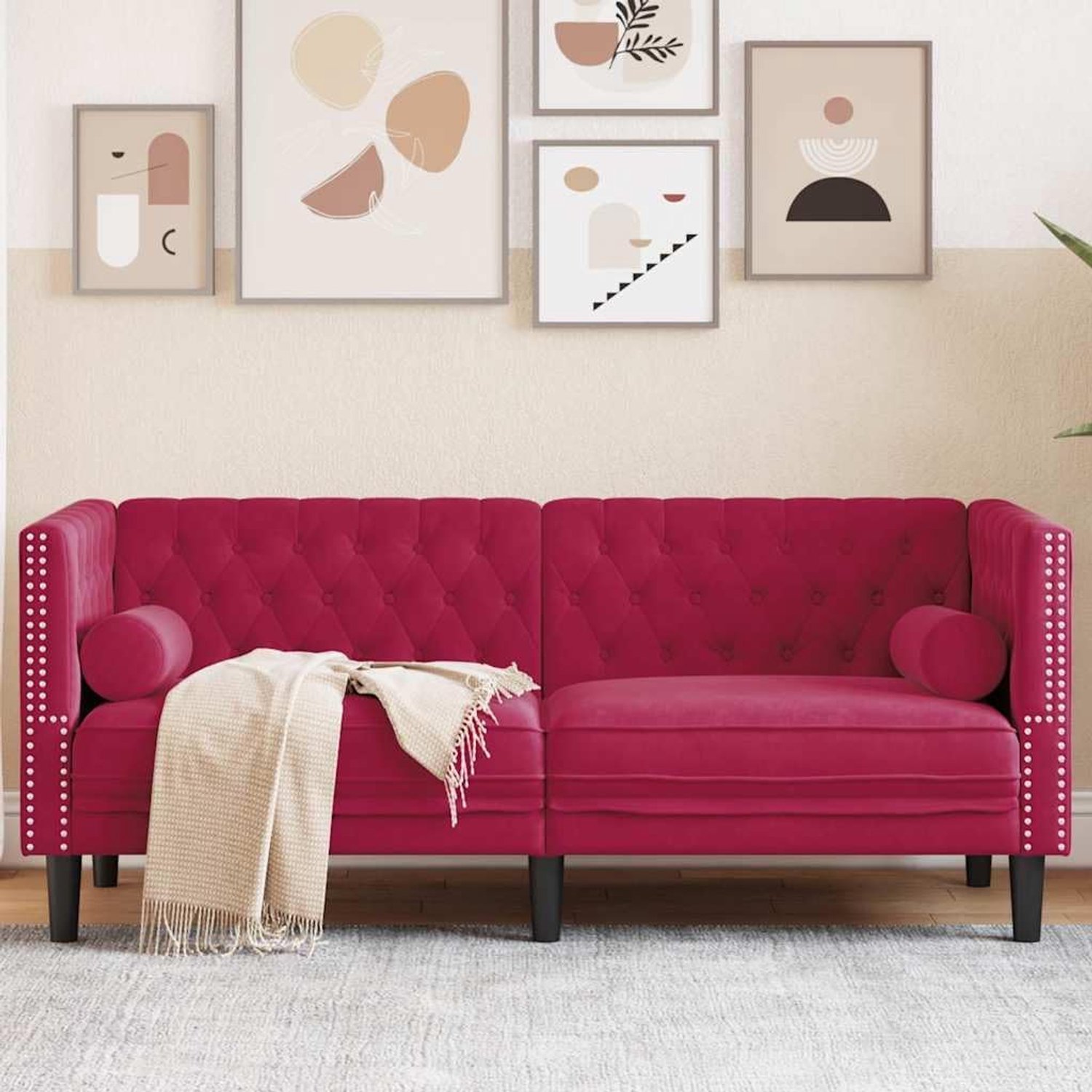 Chesterfield-bank met nekrollen, 2-zits, wijnrood, fluweel, bekledingsstof, woonkamer, zitmeubel